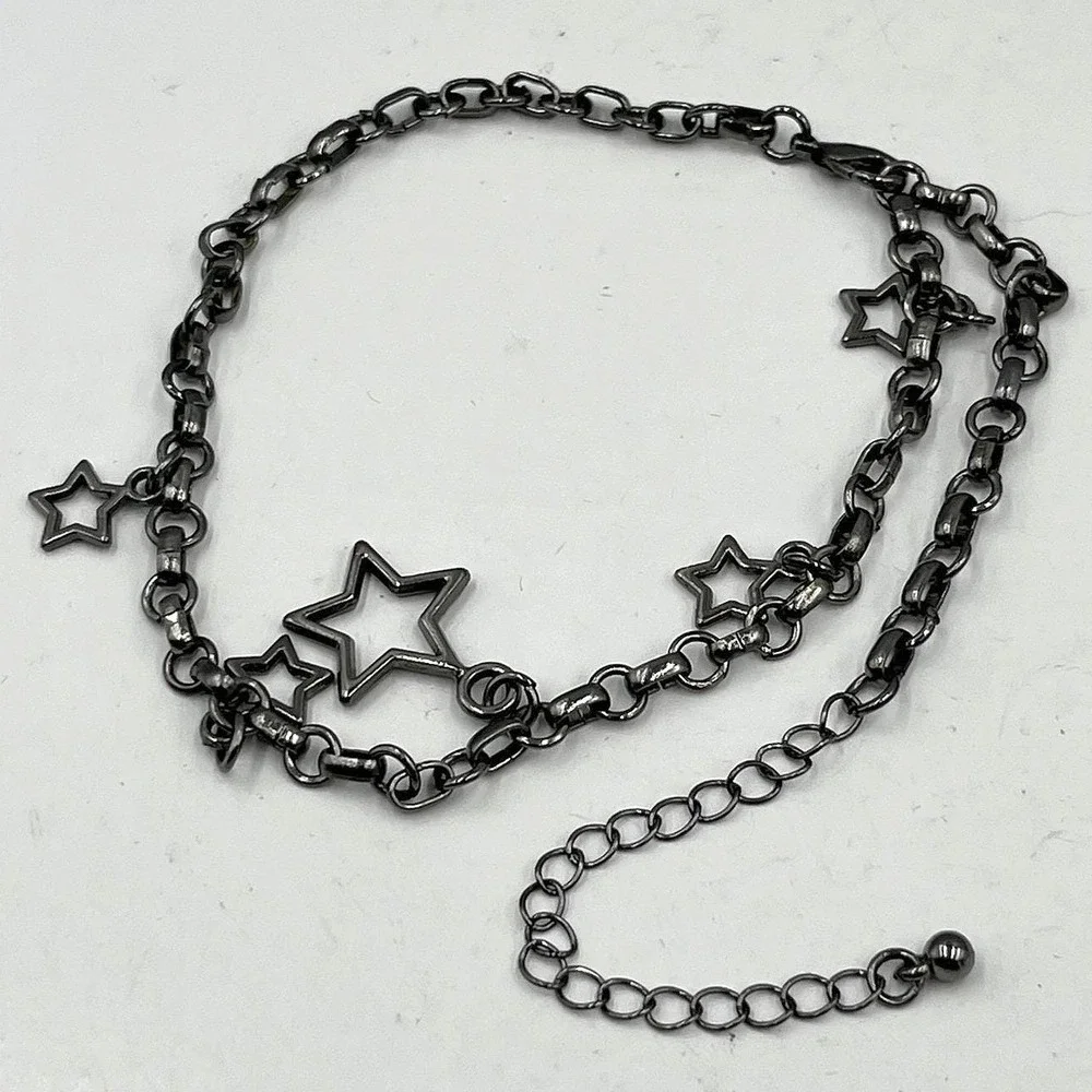 VTG Gunmetal Tone‎ Star Charm Layered Chain Necklace Statement Celestial Y2K 90s